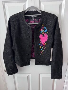 NWT! AQUA X KERRI ROSENTHAL Black Tweed Jacket w/ Pink Heart & Multicolor Stars